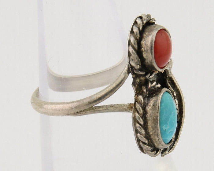 Navajo Handmade Ring 925 Silver Coral & Turquoise Native Artist C.80's