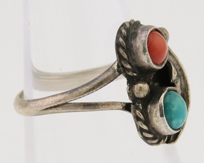 Navajo Handmade Ring 925 Silver Coral & Turquoise Native Artist C.80's