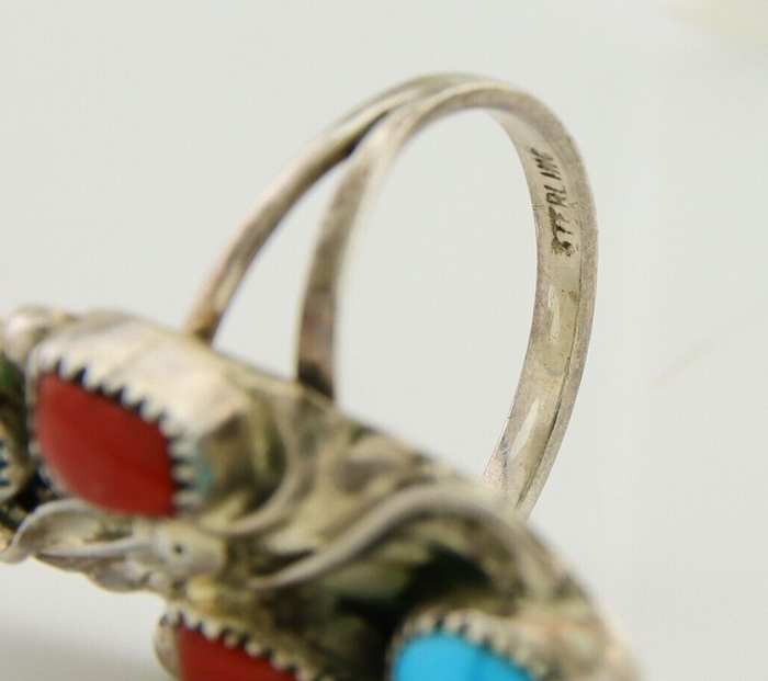 Navajo Handmade Ring 925 Silver Coral & Turquoise Native Artist C.80's