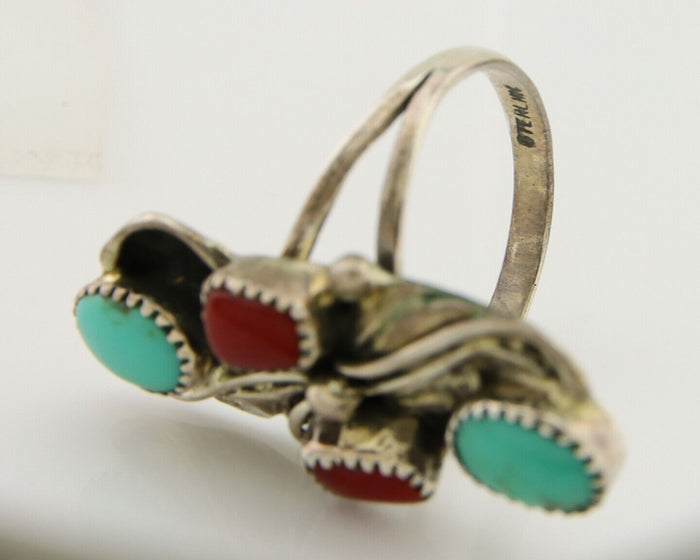 Navajo Handmade Ring 925 Silver Coral & Turquoise Native Artist C.80's
