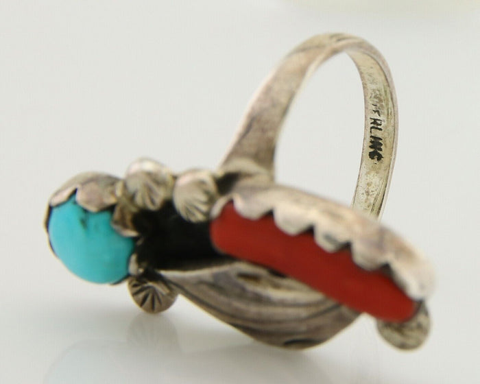 Navajo Handmade Ring 925 Silver Coral & Turquoise Native Artist C.80's