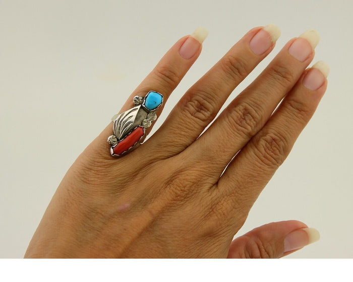 Navajo Handmade Ring 925 Silver Coral & Turquoise Native Artist C.80's