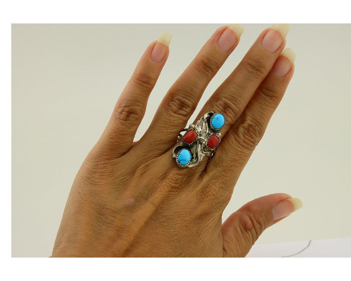Navajo Handmade Ring 925 Silver Coral & Turquoise Native Artist C.80's