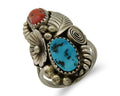 Navajo Handmade Ring 925 Silver Coral & Turquoise Signed Circle Max C.80's