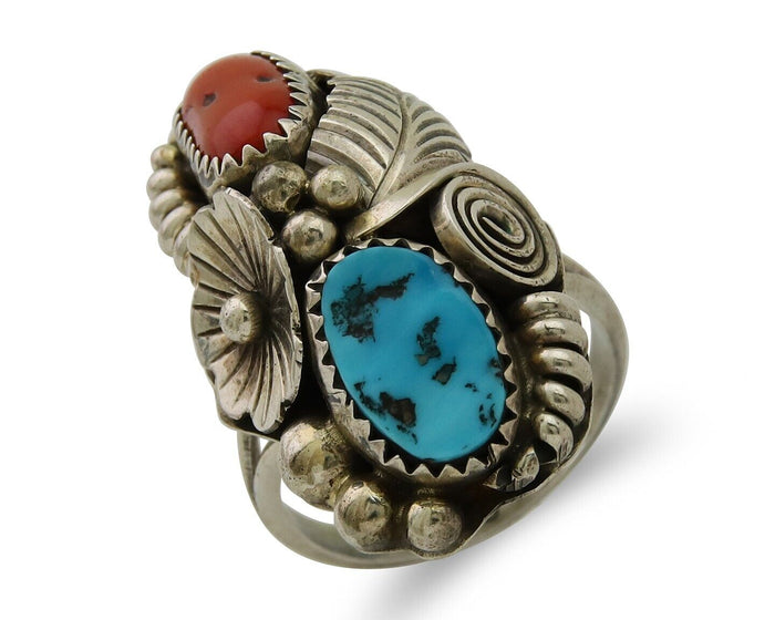 Navajo Handmade Ring 925 Silver Coral & Turquoise Signed Circle Max C.80's