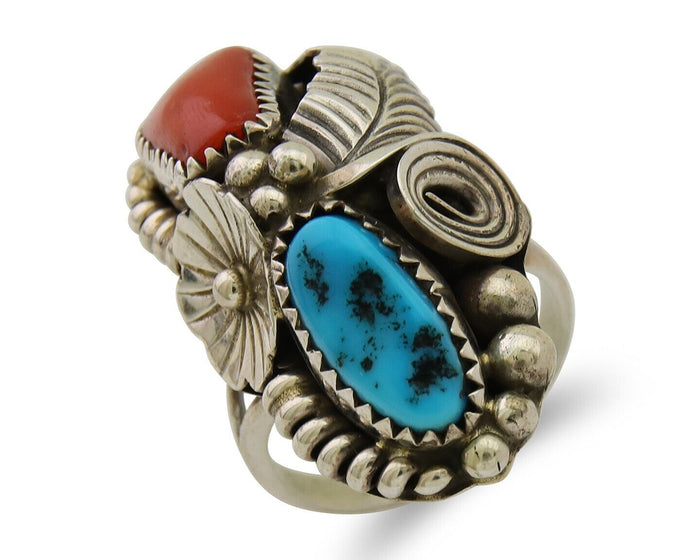 Navajo Handmade Ring 925 Silver Coral & Turquoise Signed Circle Max C.80's