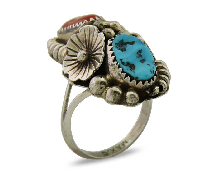 Navajo Handmade Ring 925 Silver Coral & Turquoise Signed Circle Max C.80's
