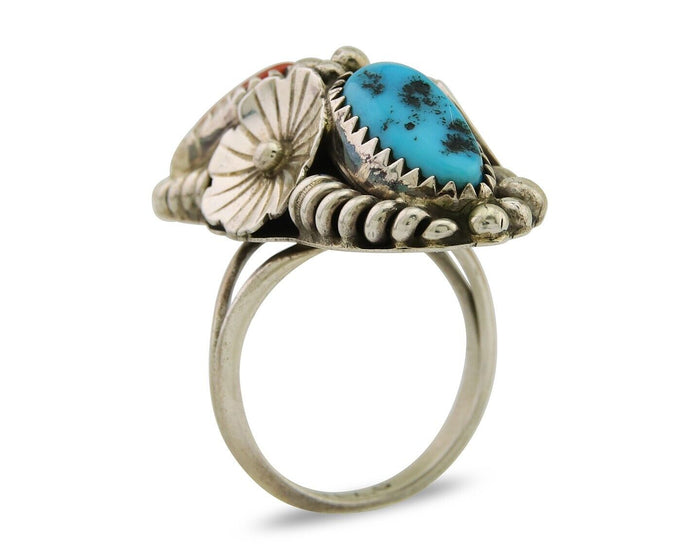 Navajo Handmade Ring 925 Silver Coral & Turquoise Signed Circle Max C.80's