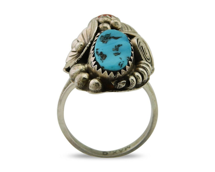 Navajo Handmade Ring 925 Silver Coral & Turquoise Signed Circle Max C.80's