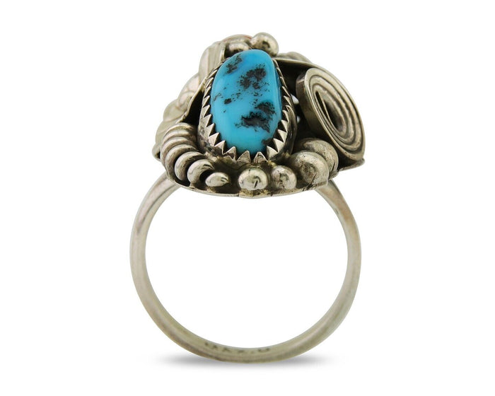 Navajo Handmade Ring 925 Silver Coral & Turquoise Signed Circle Max C.80's