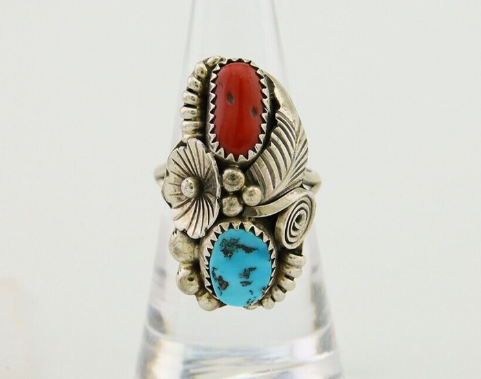 Navajo Handmade Ring 925 Silver Coral & Turquoise Signed Circle Max C.80's