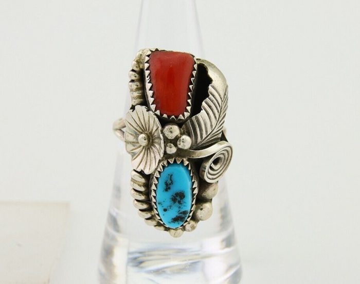 Navajo Handmade Ring 925 Silver Coral & Turquoise Signed Circle Max C.80's