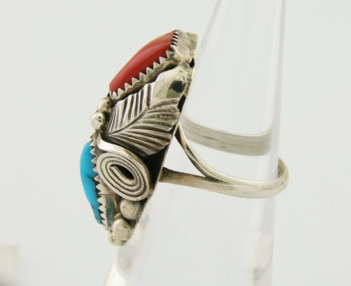 Navajo Handmade Ring 925 Silver Coral & Turquoise Signed Circle Max C.80's