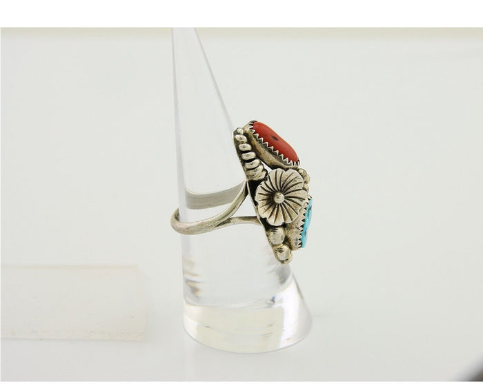 Navajo Handmade Ring 925 Silver Coral & Turquoise Signed Circle Max C.80's