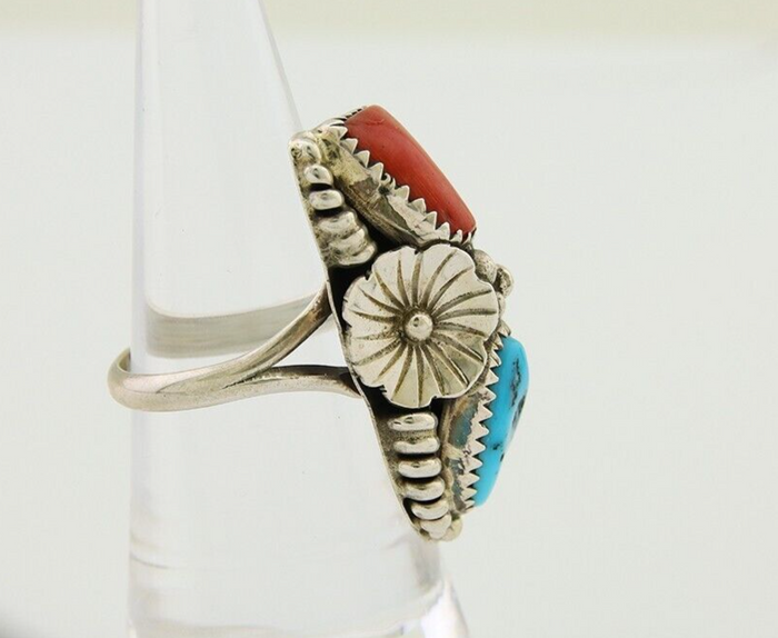 Navajo Handmade Ring 925 Silver Coral & Turquoise Signed Circle Max C.80's
