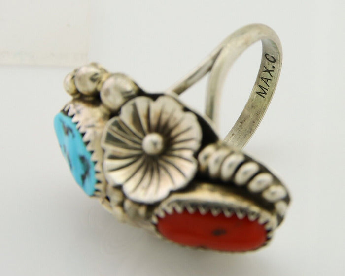 Navajo Handmade Ring 925 Silver Coral & Turquoise Signed Circle Max C.80's