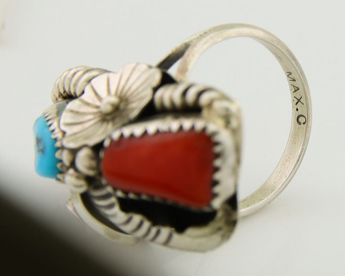 Navajo Handmade Ring 925 Silver Coral & Turquoise Signed Circle Max C.80's