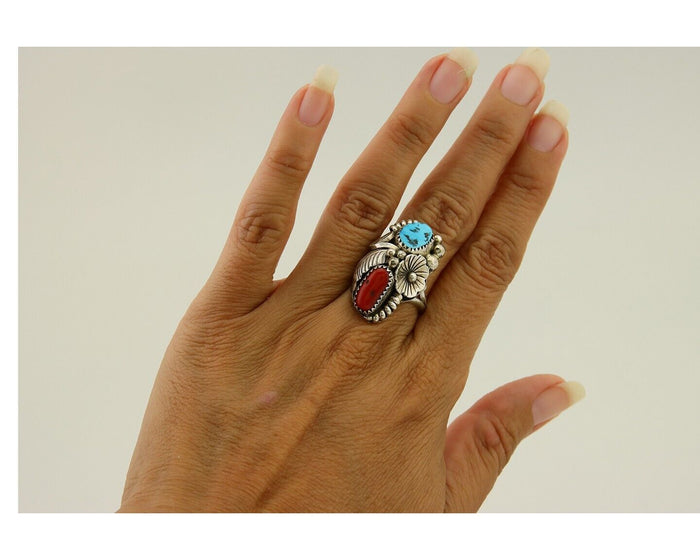 Navajo Handmade Ring 925 Silver Coral & Turquoise Signed Circle Max C.80's