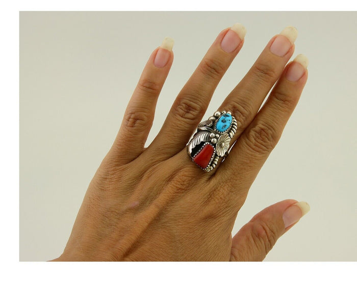 Navajo Handmade Ring 925 Silver Coral & Turquoise Signed Circle Max C.80's