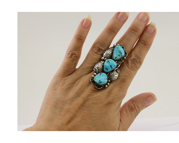 Navajo Handmade Ring 925 Silver Hand Cut Turquoise Native Artist C.80's