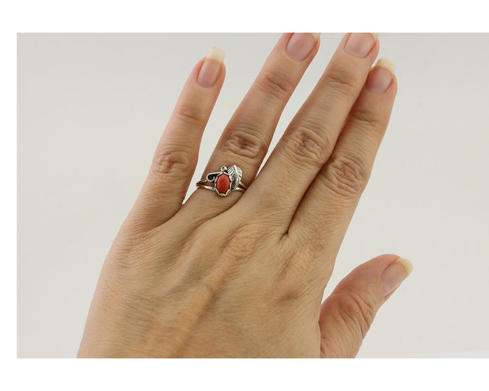 Navajo Handmade Ring 925 Silver Natural Coral Native Artist Size 5.5 C.80's