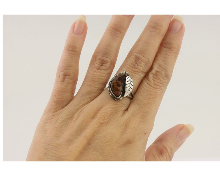 Navajo Handmade Ring 925 Silver Natural Fire Opal Native Artist Size 6.0 C.80's