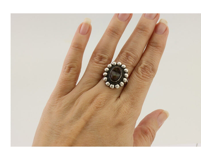 Navajo Handmade Ring 925 Silver Natural Fire Opal Native Artist Size 7.5 C.80's