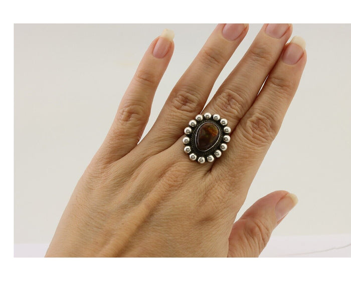 Navajo Handmade Ring 925 Silver Natural Fire Opal Native Artist Size 7.75 C.80's