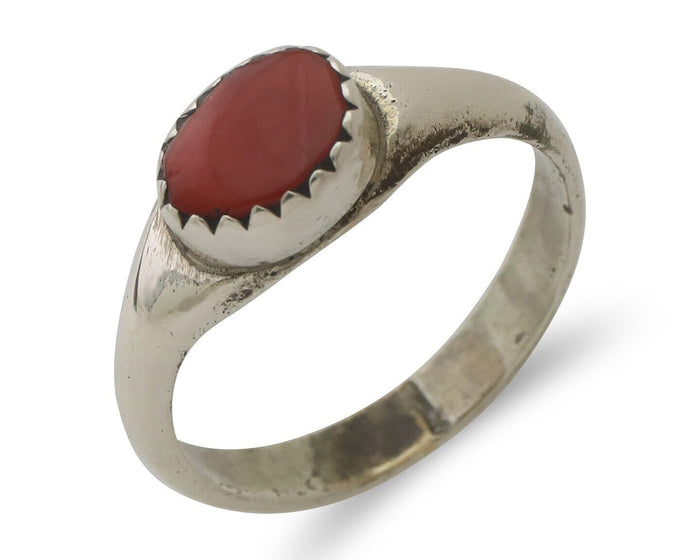 Navajo Handmade Ring 925 Silver Natural Mediterranean Coral Native Artist C.80's