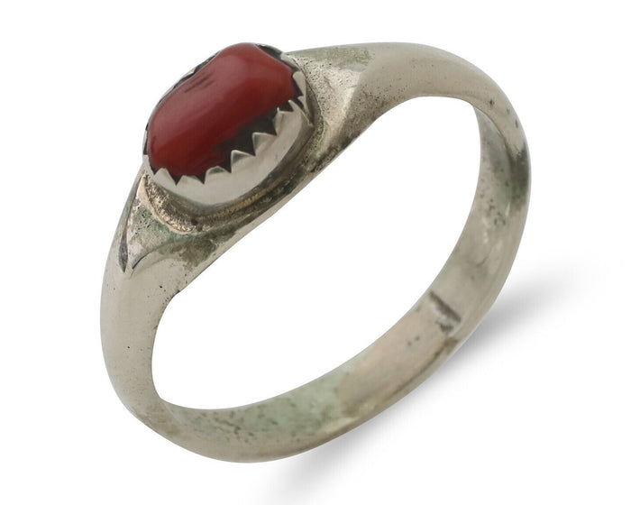 Navajo Handmade Ring 925 Silver Natural Mediterranean Coral Native Artist C.80's