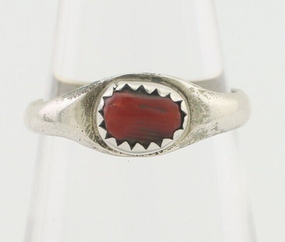 Navajo Handmade Ring 925 Silver Natural Mediterranean Coral Native Artist C.80's