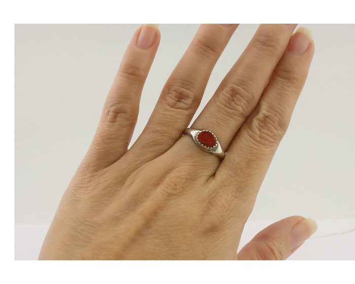 Navajo Handmade Ring 925 Silver Natural Mediterranean Coral Native Artist C.80's