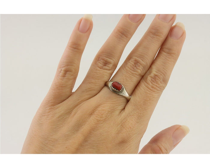 Navajo Handmade Ring 925 Silver Natural Mediterranean Coral Native Artist C.80's
