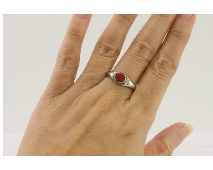Navajo Handmade Ring 925 Silver Natural Mediterranean Coral Native Artist C.80's