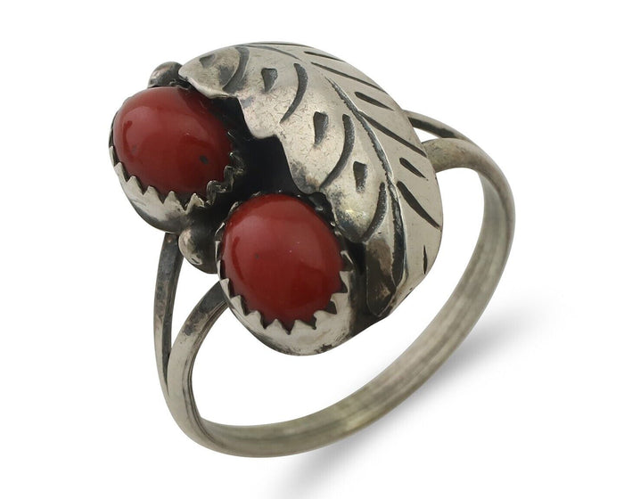 Navajo Handmade Ring 925 Silver Natural Mediterranean Coral Signed 88 C.80's