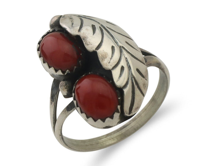 Navajo Handmade Ring 925 Silver Natural Mediterranean Coral Signed 88 C.80's