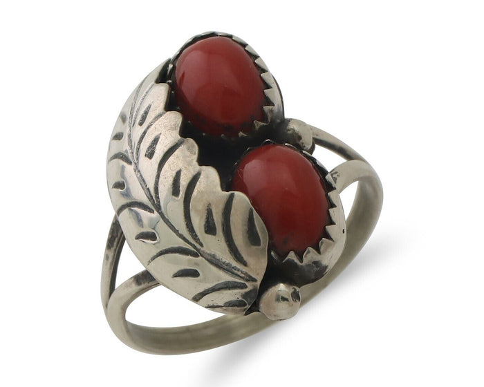 Navajo Handmade Ring 925 Silver Natural Mediterranean Coral Signed 88 C.80's