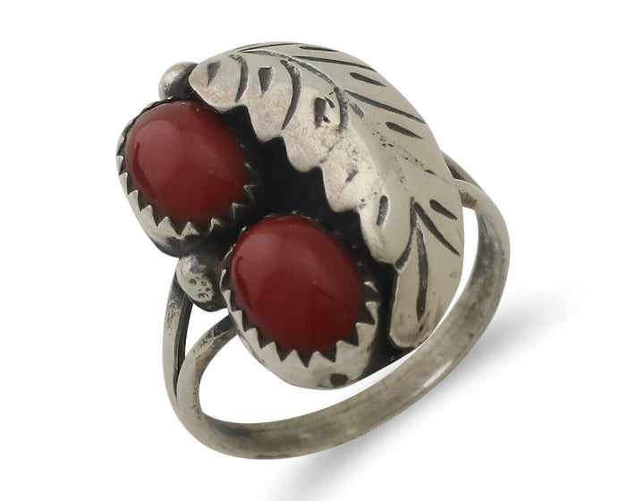Navajo Handmade Ring 925 Silver Natural Mediterranean Coral Signed 88 C.80's