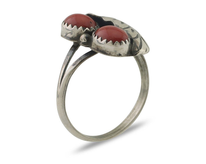 Navajo Handmade Ring 925 Silver Natural Mediterranean Coral Signed 88 C.80's