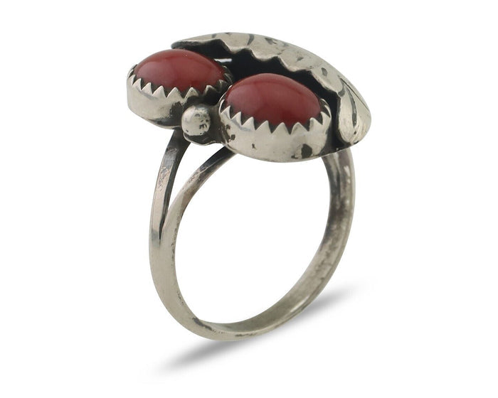 Navajo Handmade Ring 925 Silver Natural Mediterranean Coral Signed 88 C.80's