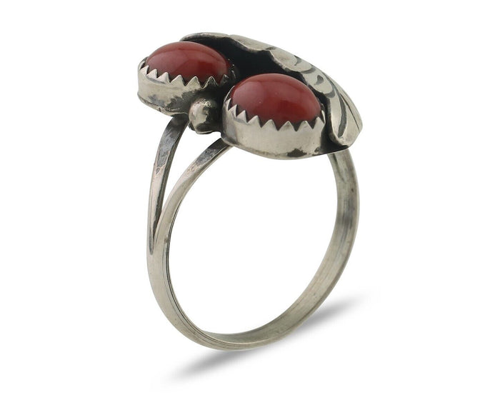 Navajo Handmade Ring 925 Silver Natural Mediterranean Coral Signed 88 C.80's