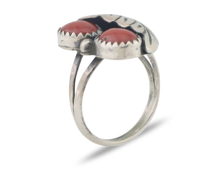 Navajo Handmade Ring 925 Silver Natural Mediterranean Coral Signed 88 C.80's