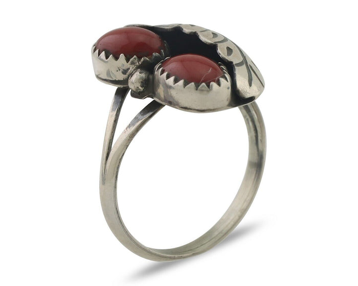 Navajo Handmade Ring 925 Silver Natural Mediterranean Coral Signed 88 C.80's