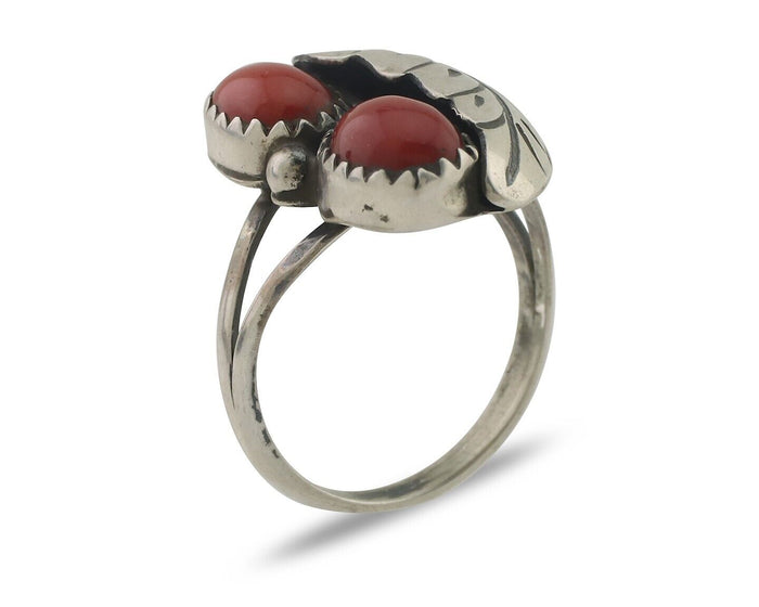 Navajo Handmade Ring 925 Silver Natural Mediterranean Coral Signed 88 C.80's