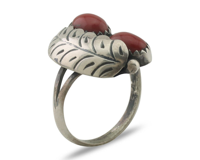 Navajo Handmade Ring 925 Silver Natural Mediterranean Coral Signed 88 C.80's