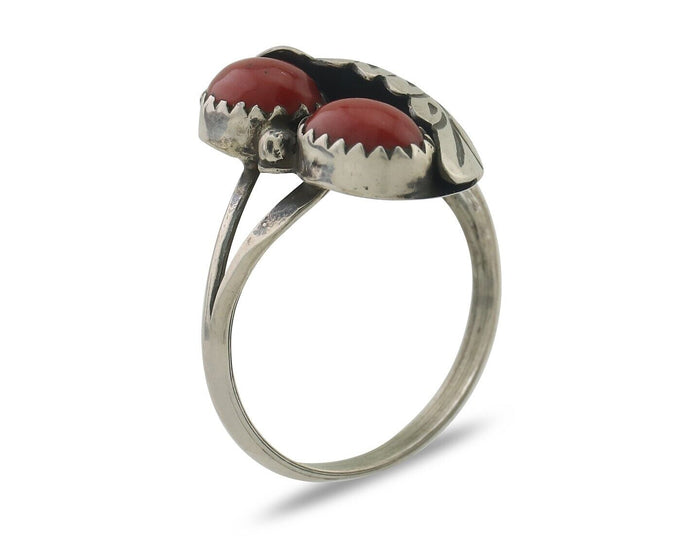 Navajo Handmade Ring 925 Silver Natural Mediterranean Coral Signed 88 C.80's