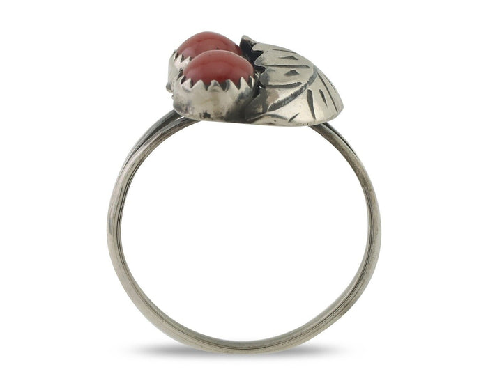 Navajo Handmade Ring 925 Silver Natural Mediterranean Coral Signed 88 C.80's