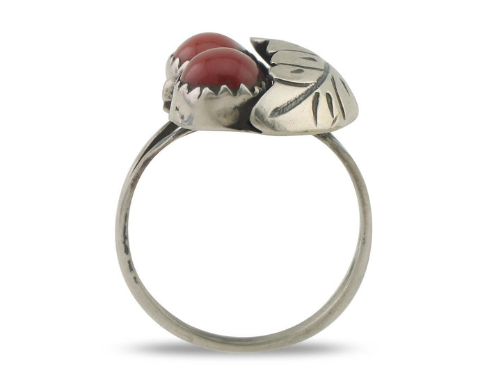 Navajo Handmade Ring 925 Silver Natural Mediterranean Coral Signed 88 C.80's
