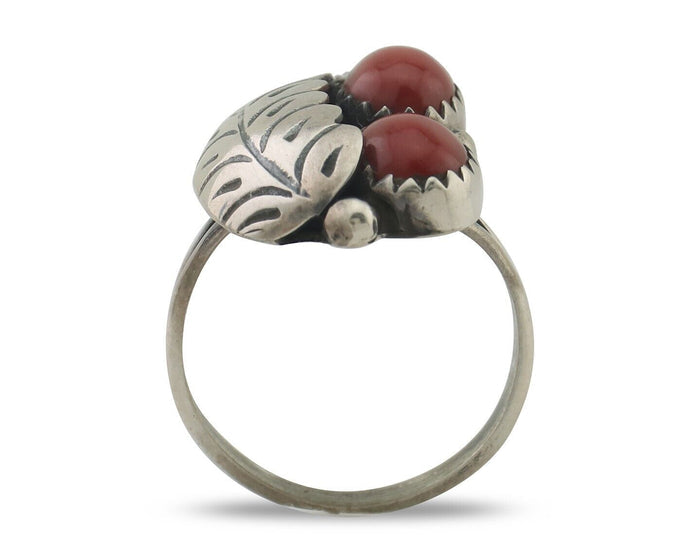 Navajo Handmade Ring 925 Silver Natural Mediterranean Coral Signed 88 C.80's