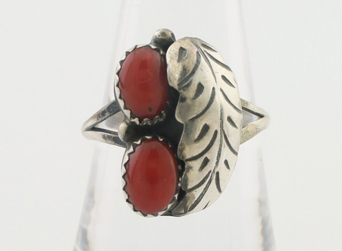 Navajo Handmade Ring 925 Silver Natural Mediterranean Coral Signed 88 C.80's